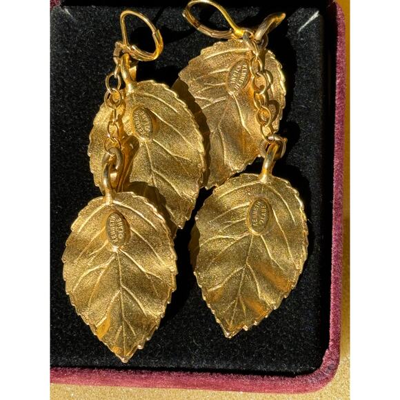 Kenneth Jay Lane Gold Leaf Earrings 3” EUC Perfect Saks Pierced Whimsical Witch - Picture 6 of 12